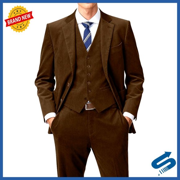 Men's 3-Piece Corduroy Suit Set Blazer Vest Pants Wool Blend Formal